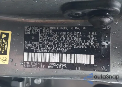 2012 Toyota Highlander Limited V6 from USA, damaged, VIN 5TDDK3EHXCS138870